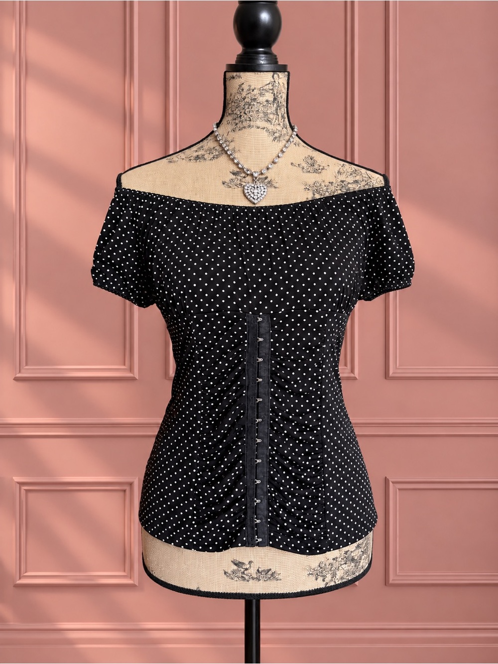 Y2K Off-Shoulder Black Polka Dot Ruched Top